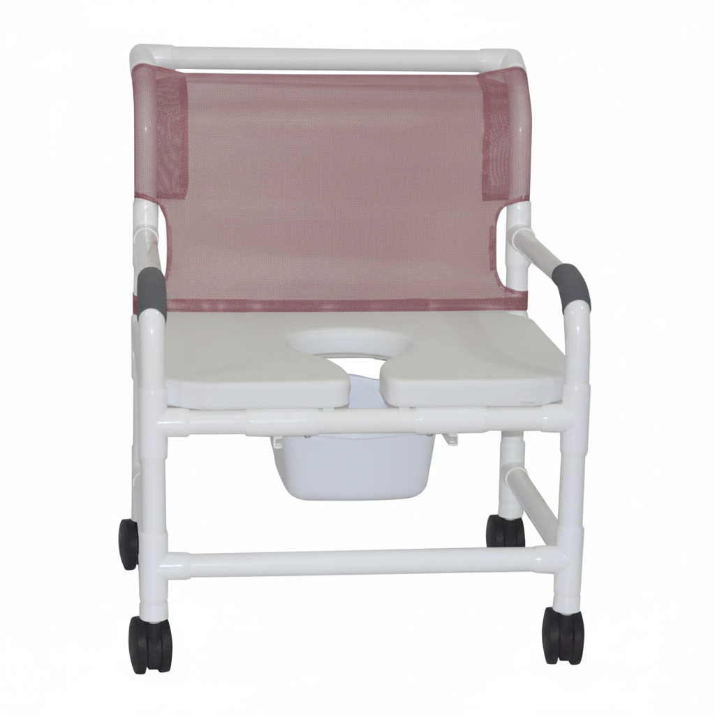 MJM International 126-4-NB-FSSS Extra-wide Shower Chair Fixed Arms PVC Frame Mesh Backrest with Pushbar 26 Inch Seat Width 425 lbs. Weight Capacity