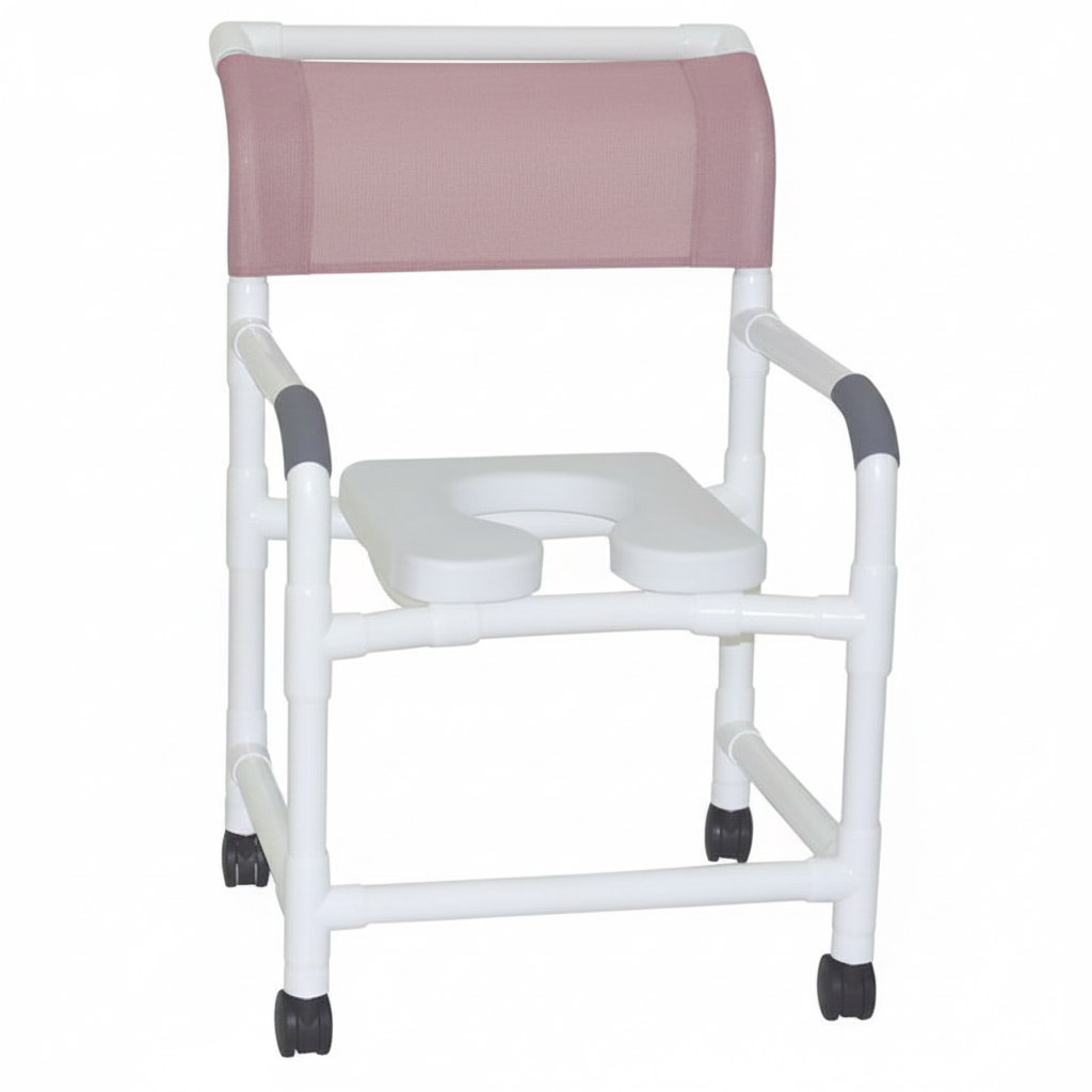 MJM International 122-3TW-SSDE Wide Shower Chair 22" Internal Width, 3" Twin Casters, Deluxe Elongated Open Front Soft Seat, 375 lbs Weight Capacity