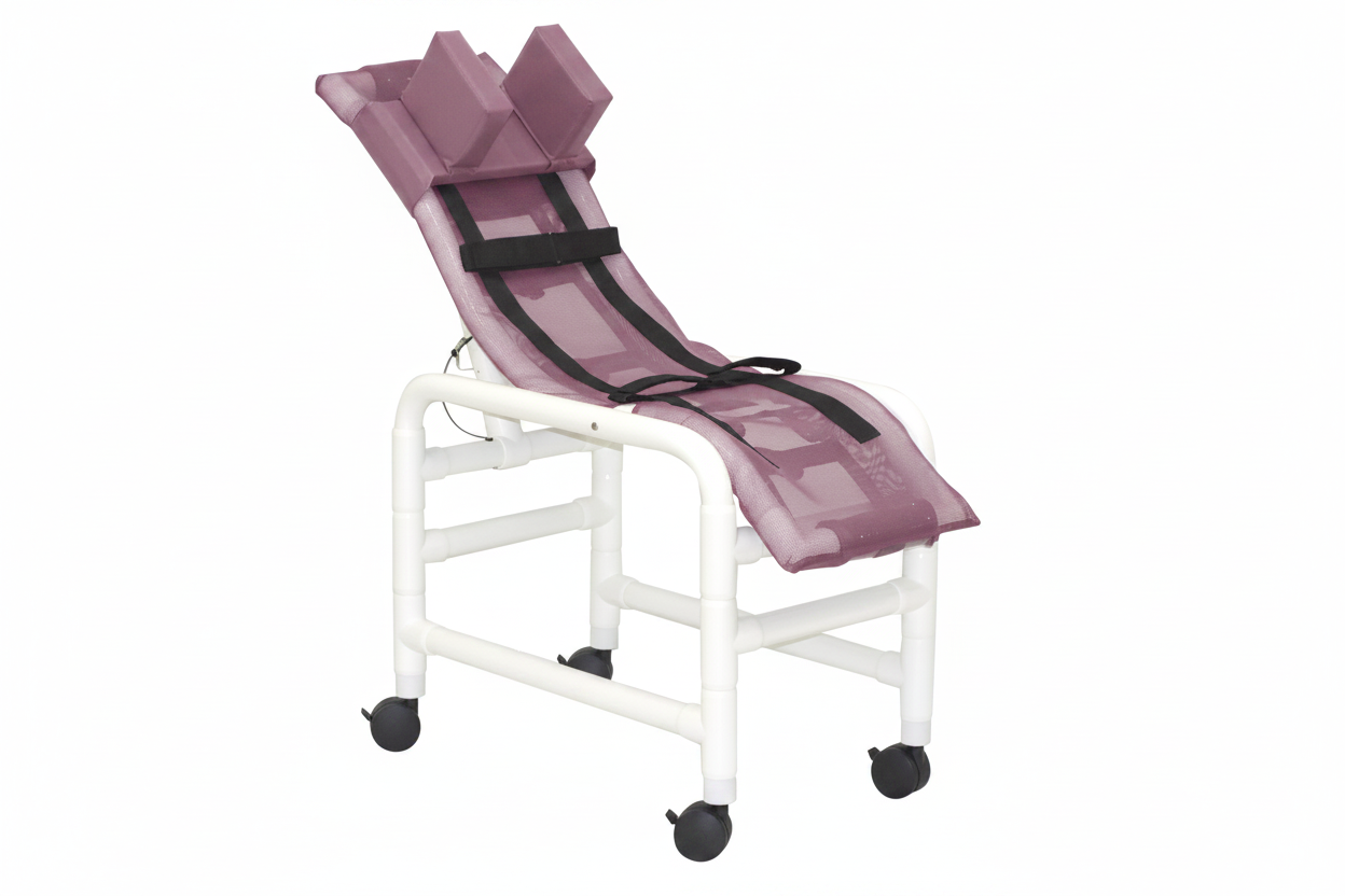 MJM International 191-MC-HB Reclining bath / shower chair (MEDIUM), with base & casters, with head bolster, 130 lbs weight capacity