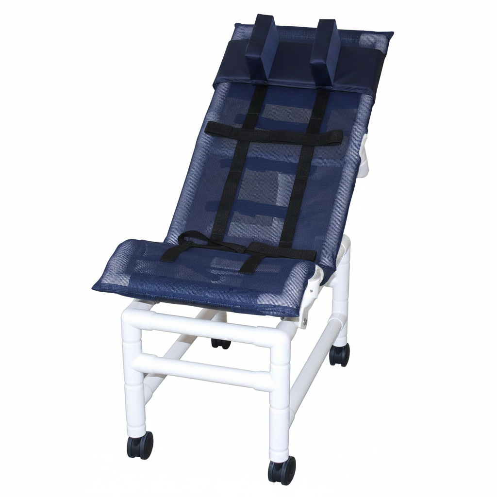 MJM International 191-LC-HB Reclining bath / shower chair (LARGE), with dual base & casters, head bolster, 180 lbs weight capacity