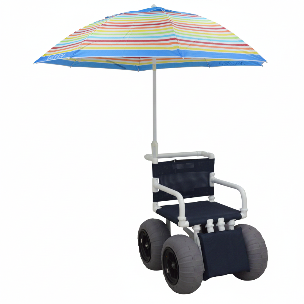 MJM International 722-ATC-ELR-YLW-GRYW-UMB-KD All Terrain Beach Wheelchair with Umbrella Heavy Duty Wheels Non-Corrosive Plastic Bearings, 2 Swivel And 2 Rigid Wheels, Padded Cushion Seat, User-Friendly Elevating Leg Rest