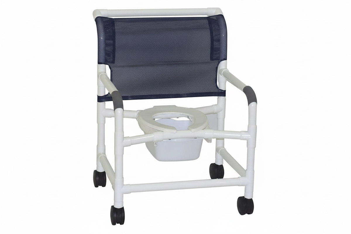 MJM International 126-4-NB Extra-wide Shower Chair 26" Internal Width, Open Front Seat0 Qt. Slide Out Commode Pail, 425 Lbs Weight Capacity