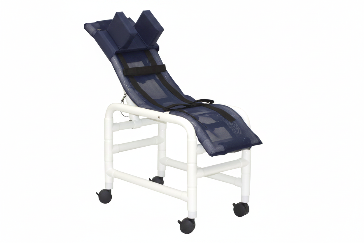 MJM International 191-MC-HB Reclining bath / shower chair (MEDIUM), with base & casters, with head bolster, 130 lbs weight capacity