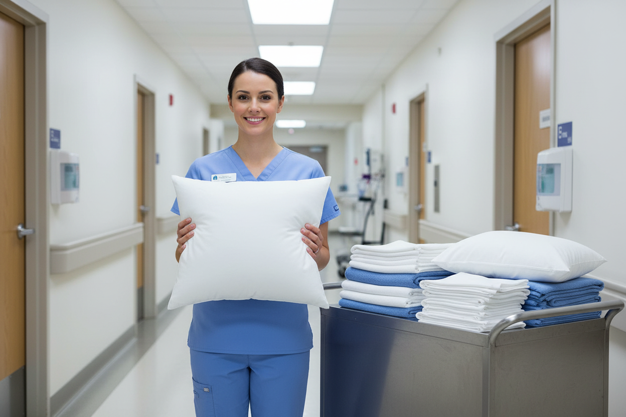 Nurse Holding Correct Pillow Next to ER Linen Cart