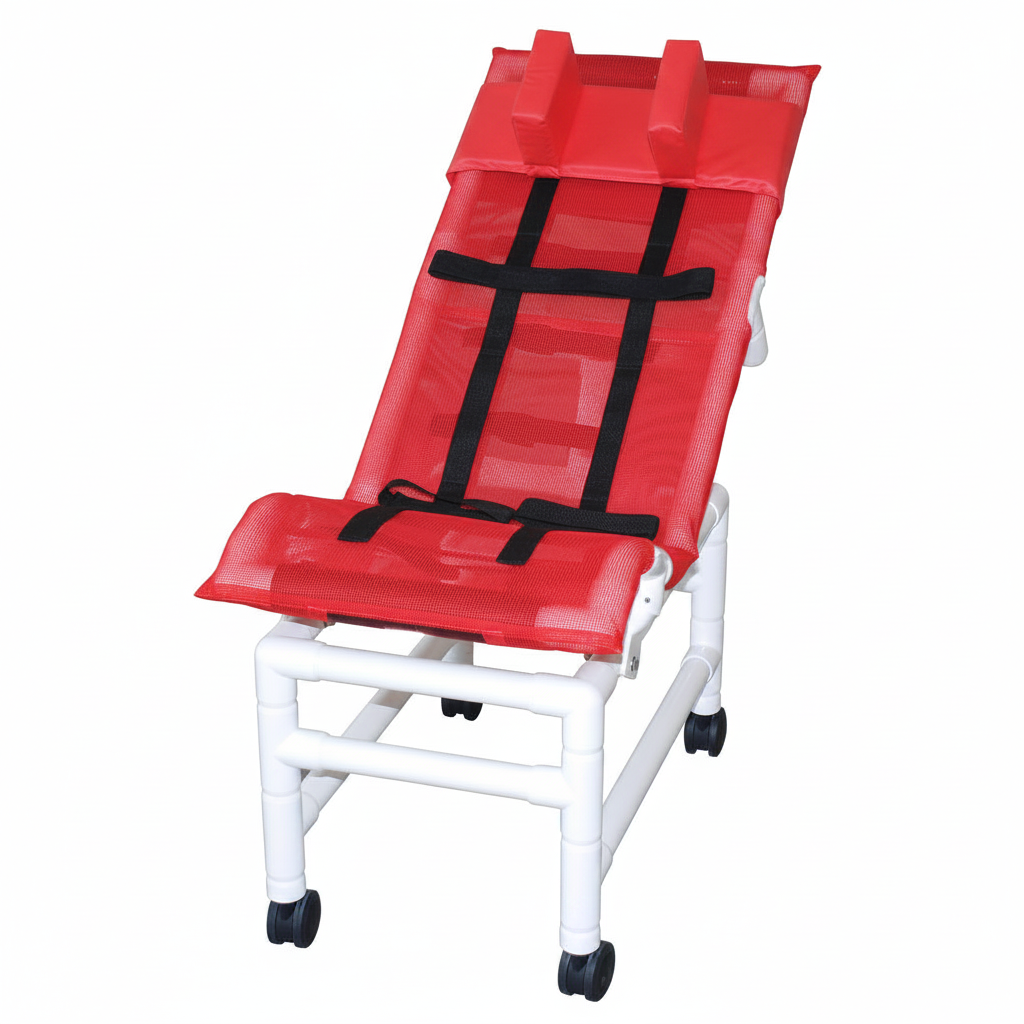 MJM International 191-LC-HB Reclining bath / shower chair (LARGE), with dual base & casters, head bolster, 180 lbs weight capacity