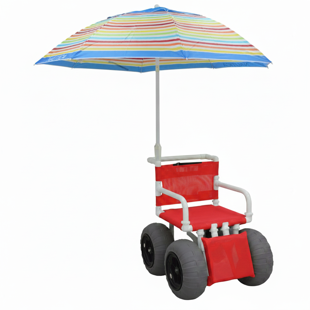 MJM International 722-ATC-ELR-YLW-GRYW-UMB-KD All Terrain Beach Wheelchair with Umbrella Heavy Duty Wheels Non-Corrosive Plastic Bearings, 2 Swivel And 2 Rigid Wheels, Padded Cushion Seat, User-Friendly Elevating Leg Rest