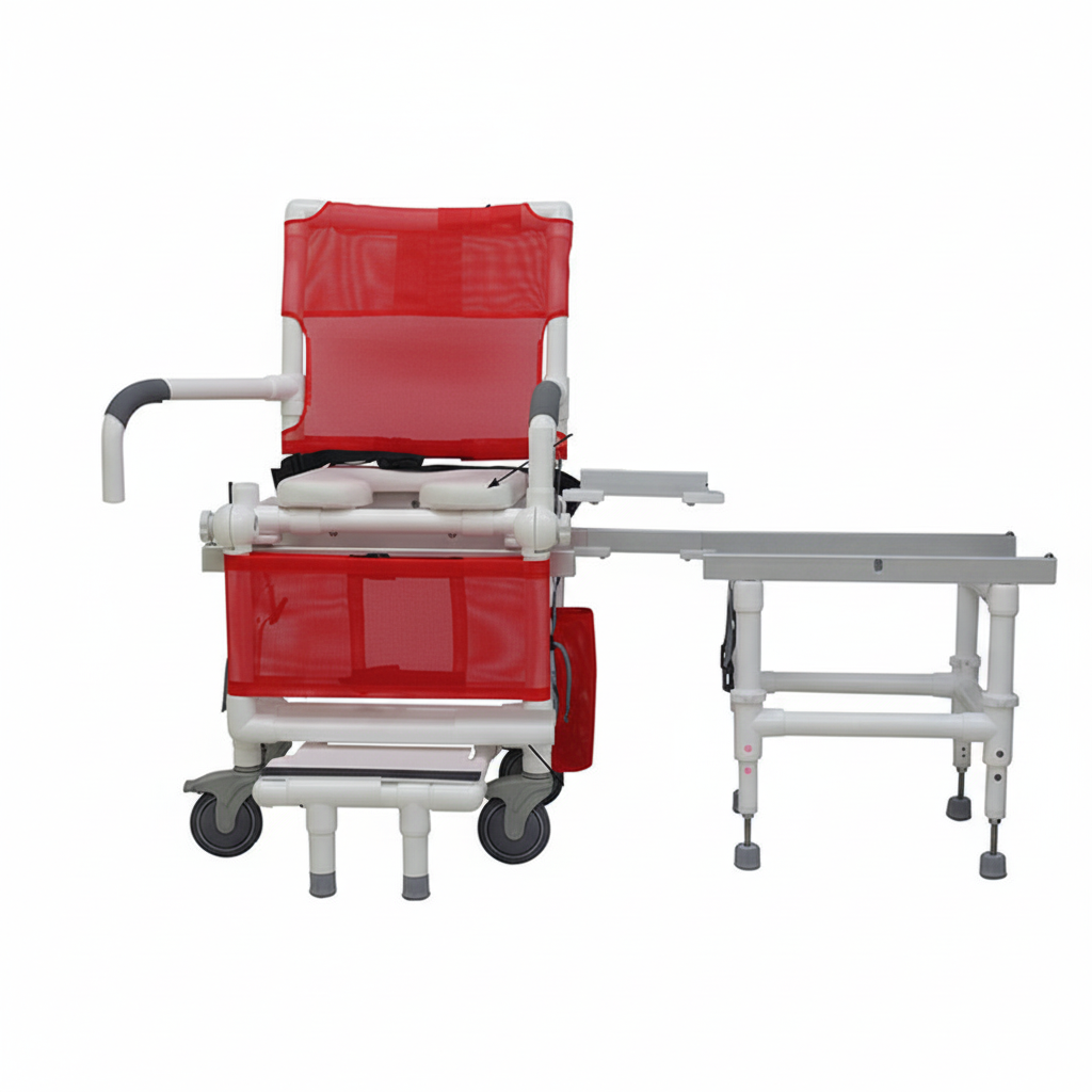 MJM International D118-5-SLIDE-N Deluxe All Purpose Dual Shower Chair/Transfer Bench (Excellent Lateral Transfer), Open Front Soft Seat, Buckle Safety Belt, Double Drop Arms, 5" x 1 1/4" Heavy Duty Casters, 300 lbs Weight Capacity