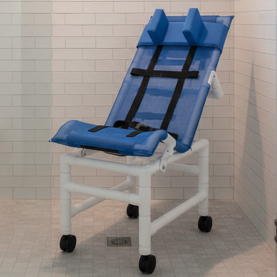 MJM International 191-LC-HB Reclining bath / shower chair (LARGE), with dual base & casters, head bolster, 180 lbs weight capacity