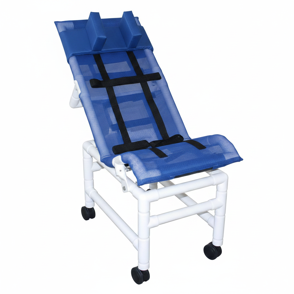 MJM International 191-LC-HB Reclining bath / shower chair (LARGE), with dual base & casters, head bolster, 180 lbs weight capacity