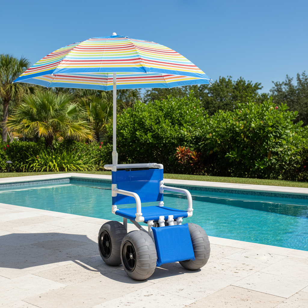 MJM International 722-ATC-ELR-YLW-GRYW-UMB-KD All Terrain Beach Wheelchair with Umbrella Heavy Duty Wheels Non-Corrosive Plastic Bearings, 2 Swivel And 2 Rigid Wheels, Padded Cushion Seat, User-Friendly Elevating Leg Rest