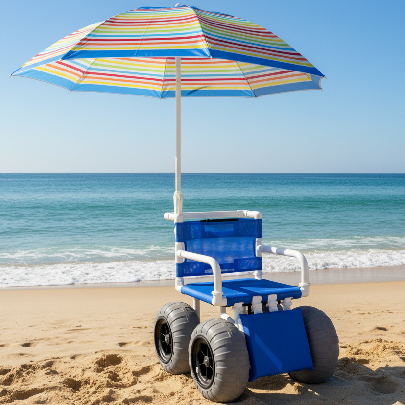 MJM International 722-ATC-ELR-YLW-GRYW-UMB-KD All Terrain Beach Wheelchair with Umbrella Heavy Duty Wheels Non-Corrosive Plastic Bearings, 2 Swivel And 2 Rigid Wheels, Padded Cushion Seat, User-Friendly Elevating Leg Rest