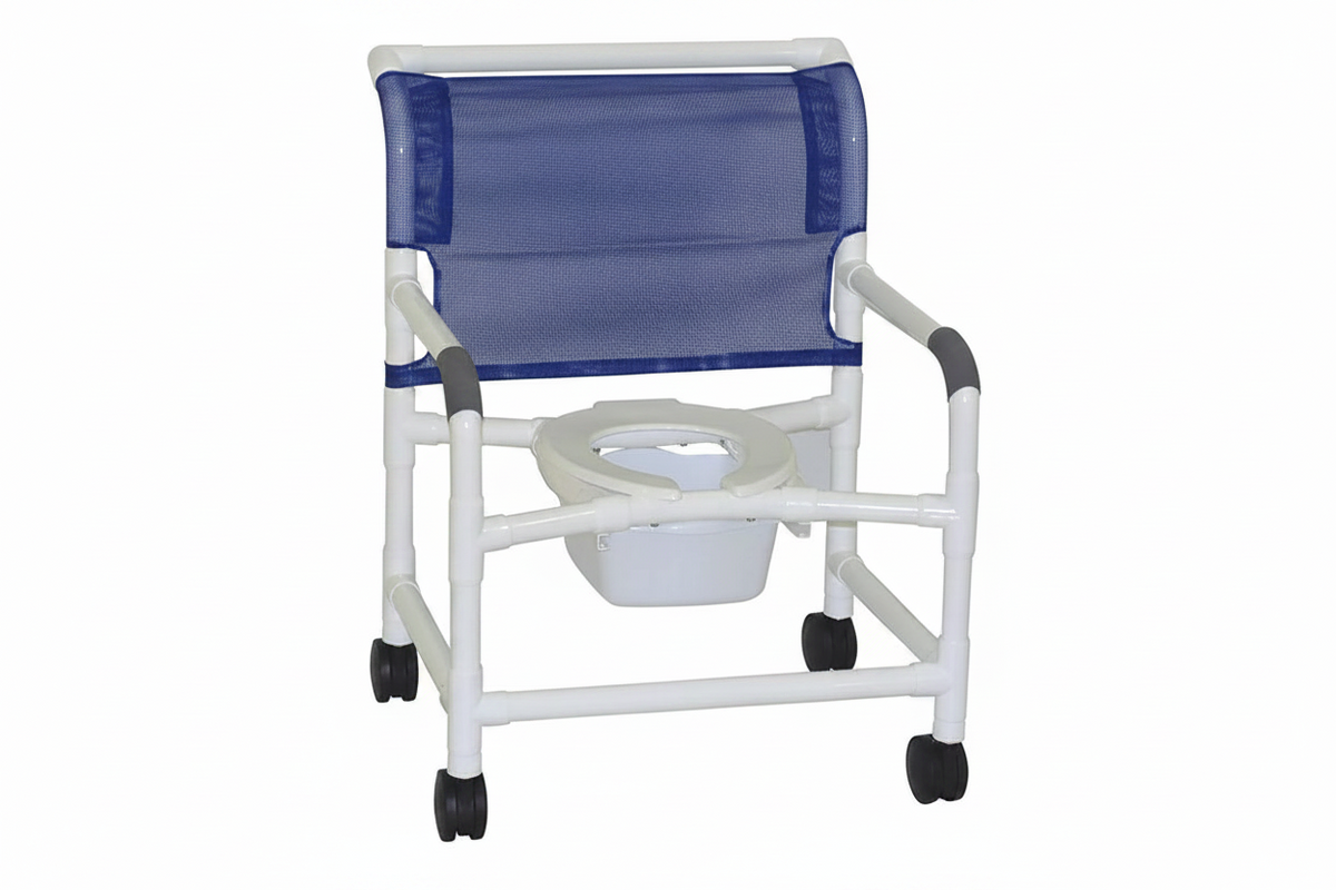 MJM International 126-4-NB Extra-wide Shower Chair 26" Internal Width, Open Front Seat0 Qt. Slide Out Commode Pail, 425 Lbs Weight Capacity