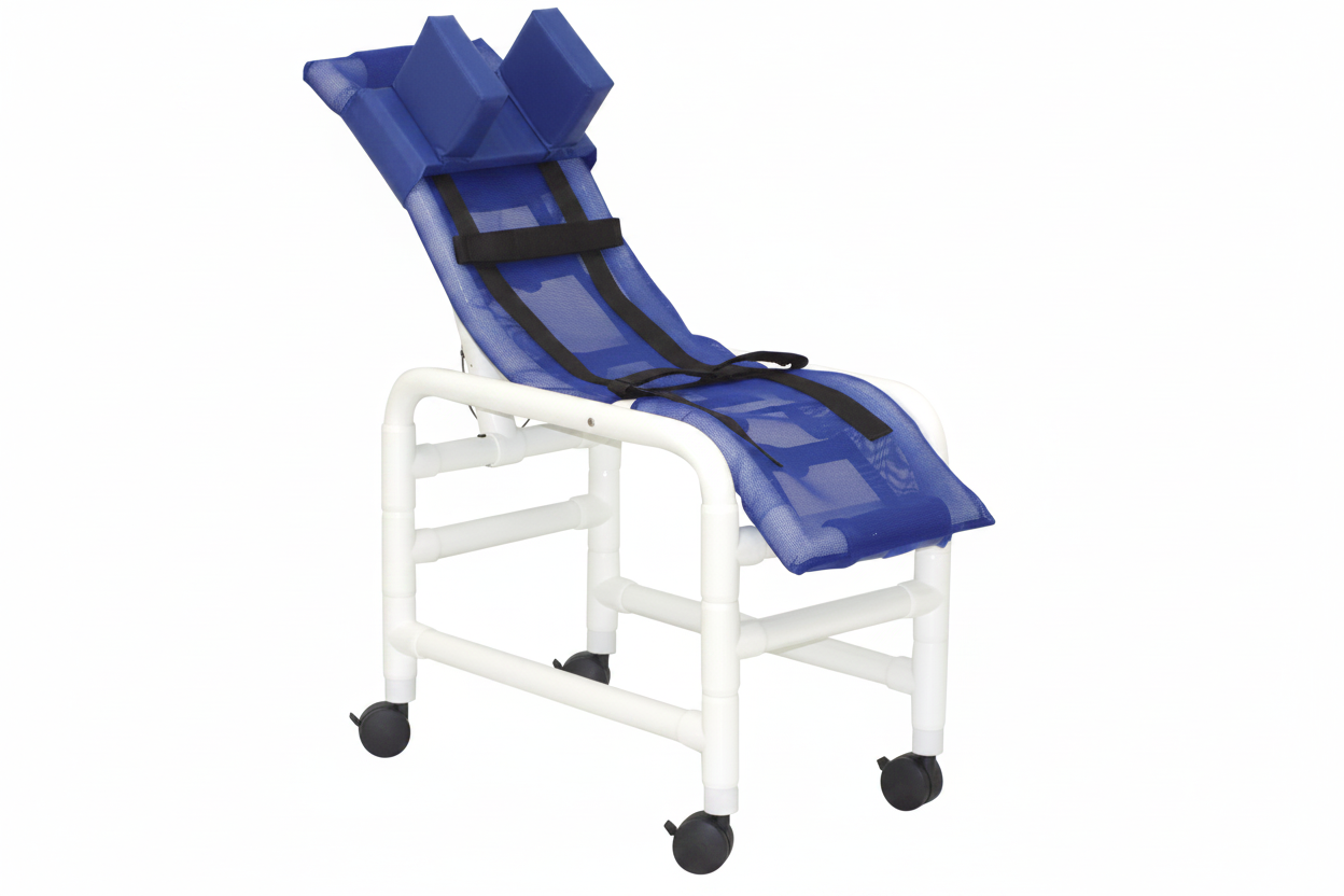 MJM International 191-MC-HB Reclining bath / shower chair (MEDIUM), with base & casters, with head bolster, 130 lbs weight capacity