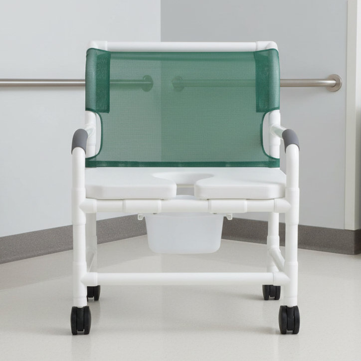 MJM International 126-4-NB-FSSS Extra-wide Shower Chair Fixed Arms PVC Frame Mesh Backrest with Pushbar 26 Inch Seat Width 425 lbs. Weight Capacity