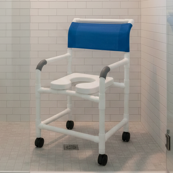 MJM International 122-3TW-SSDE Wide Shower Chair 22" Internal Width, 3" Twin Casters, Deluxe Elongated Open Front Soft Seat, 375 lbs Weight Capacity