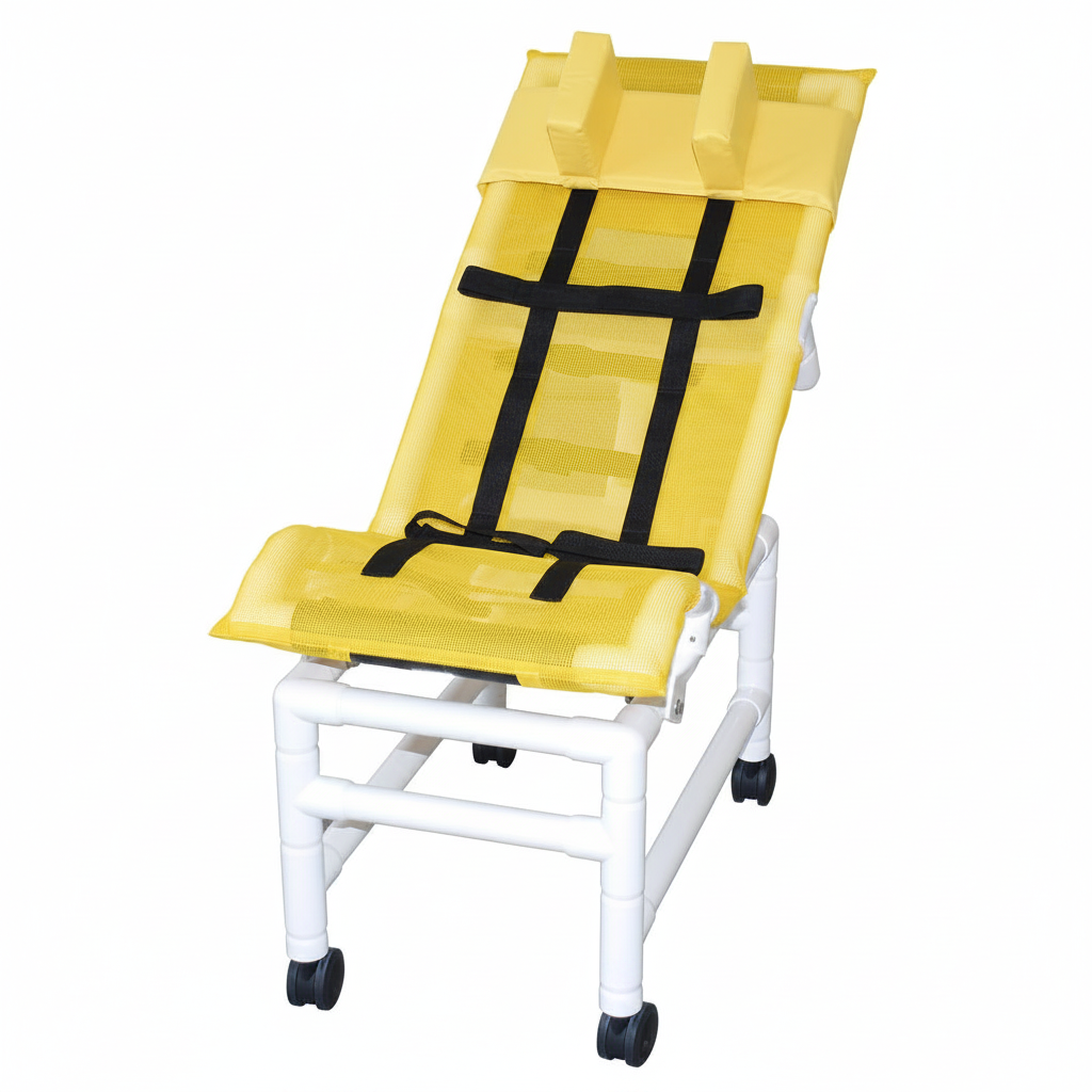 MJM International 191-LC-HB Reclining bath / shower chair (LARGE), with dual base & casters, head bolster, 180 lbs weight capacity