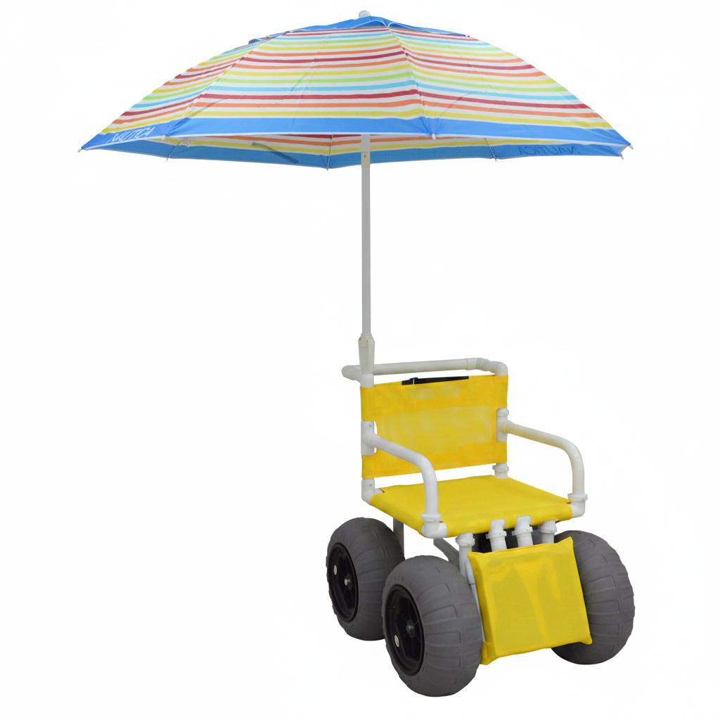 MJM International 722-ATC-ELR-YLW-GRYW-UMB-KD All Terrain Beach Wheelchair with Umbrella Heavy Duty Wheels Non-Corrosive Plastic Bearings, 2 Swivel And 2 Rigid Wheels, Padded Cushion Seat, User-Friendly Elevating Leg Rest