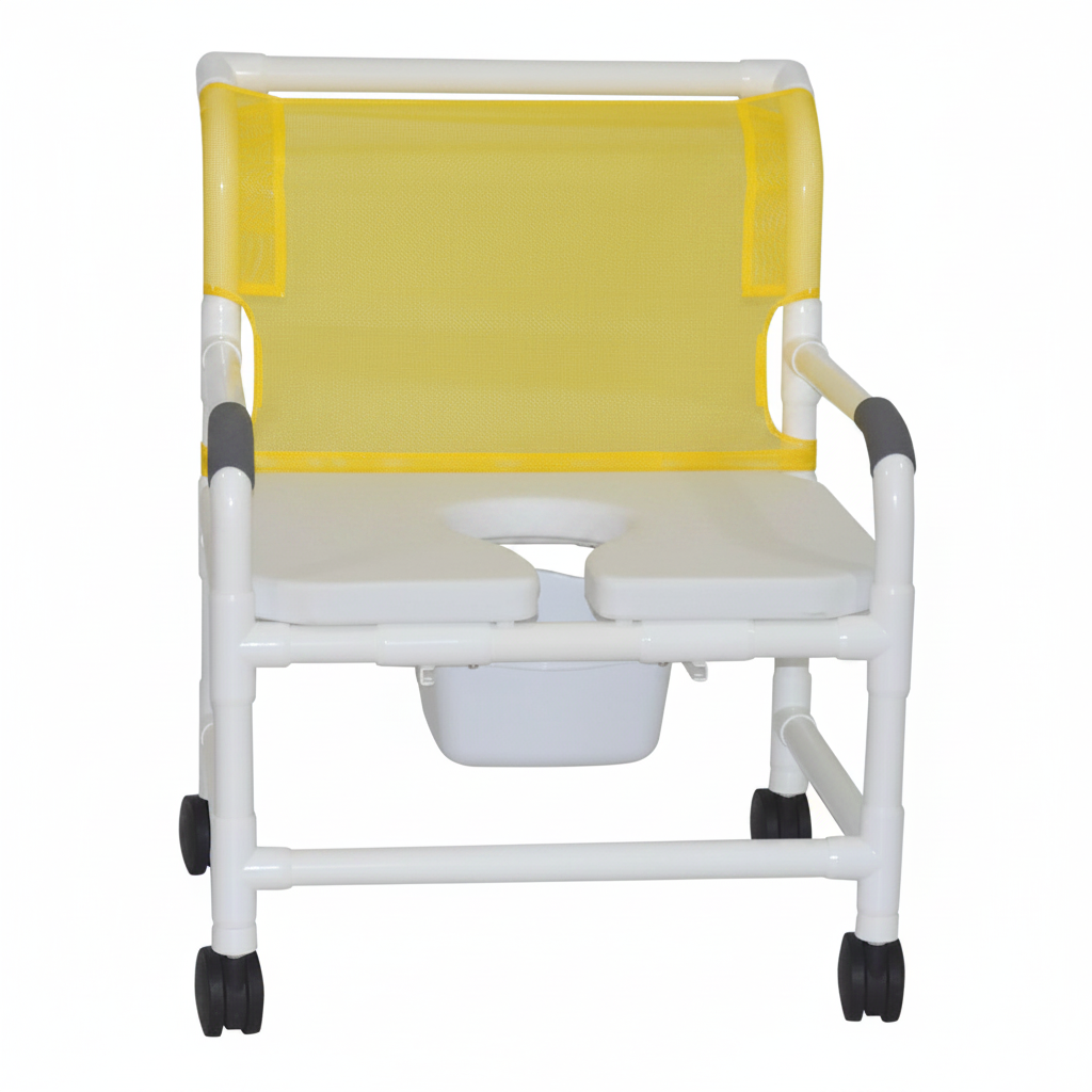 MJM International 126-4-NB-FSSS Extra-wide Shower Chair Fixed Arms PVC Frame Mesh Backrest with Pushbar 26 Inch Seat Width 425 lbs. Weight Capacity
