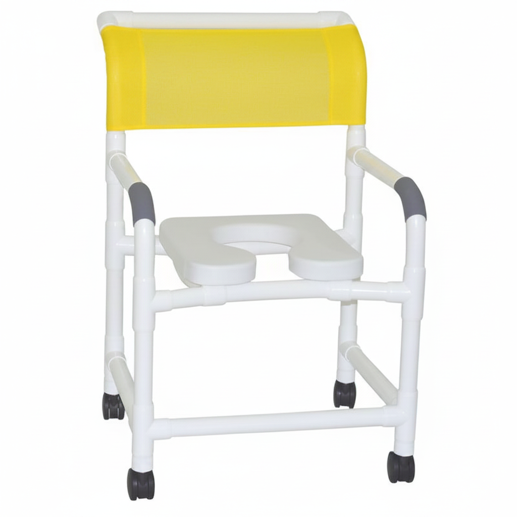 MJM International 122-3TW-SSDE Wide Shower Chair 22" Internal Width, 3" Twin Casters, Deluxe Elongated Open Front Soft Seat, 375 lbs Weight Capacity