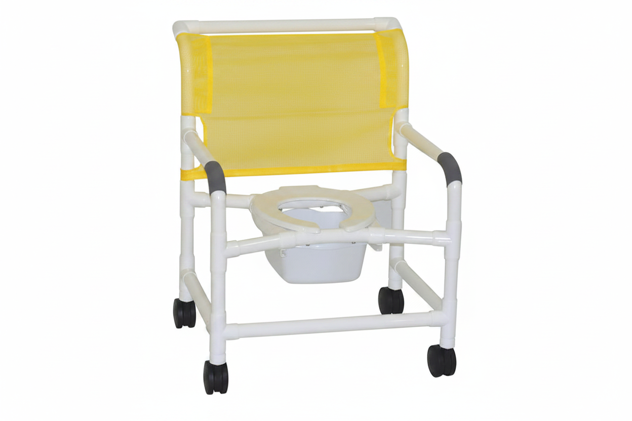 MJM International 126-4-NB Extra-wide Shower Chair 26" Internal Width, Open Front Seat0 Qt. Slide Out Commode Pail, 425 Lbs Weight Capacity